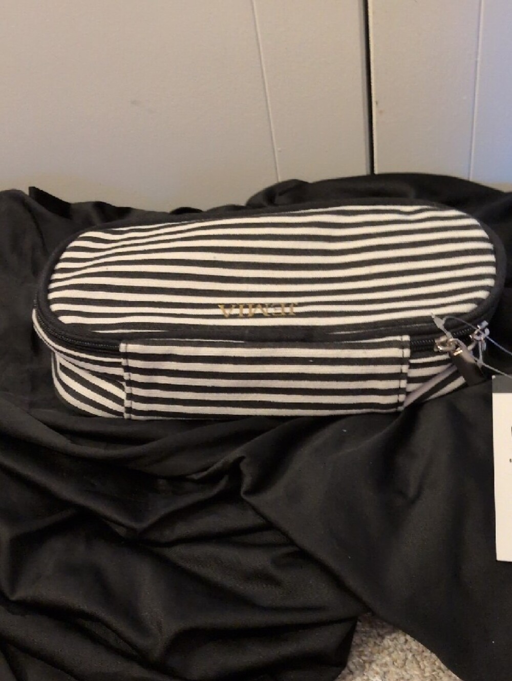 MIA Black and White Striped Cosmetic Bag with Gold Logo - Picture 5 of 7